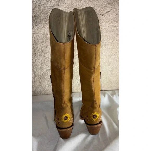 El General 1901 Sunflower Embroidered Tall Western Boots Tan Leather Womens 6 - Picture 5 of 13
